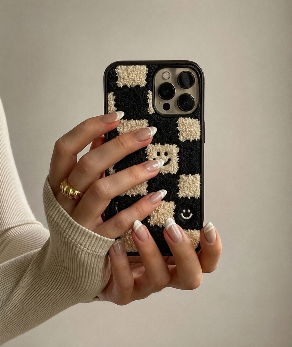 Fuzzy Checkered Smiley Phone Case