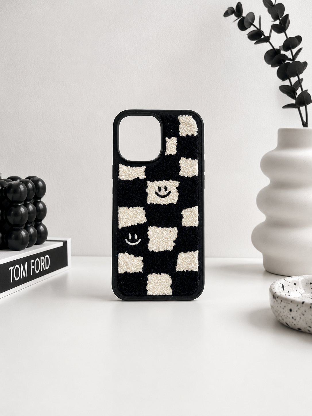 Fuzzy Checkered Smiley Phone Case