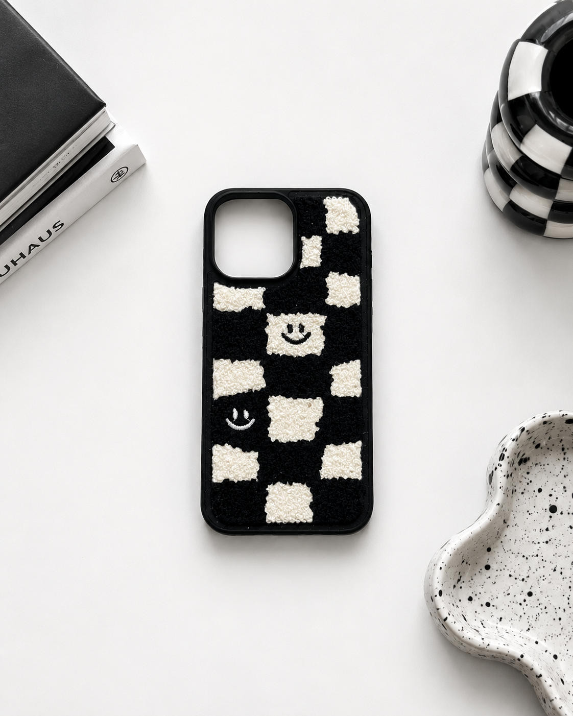 Fuzzy Checkered Smiley Phone Case