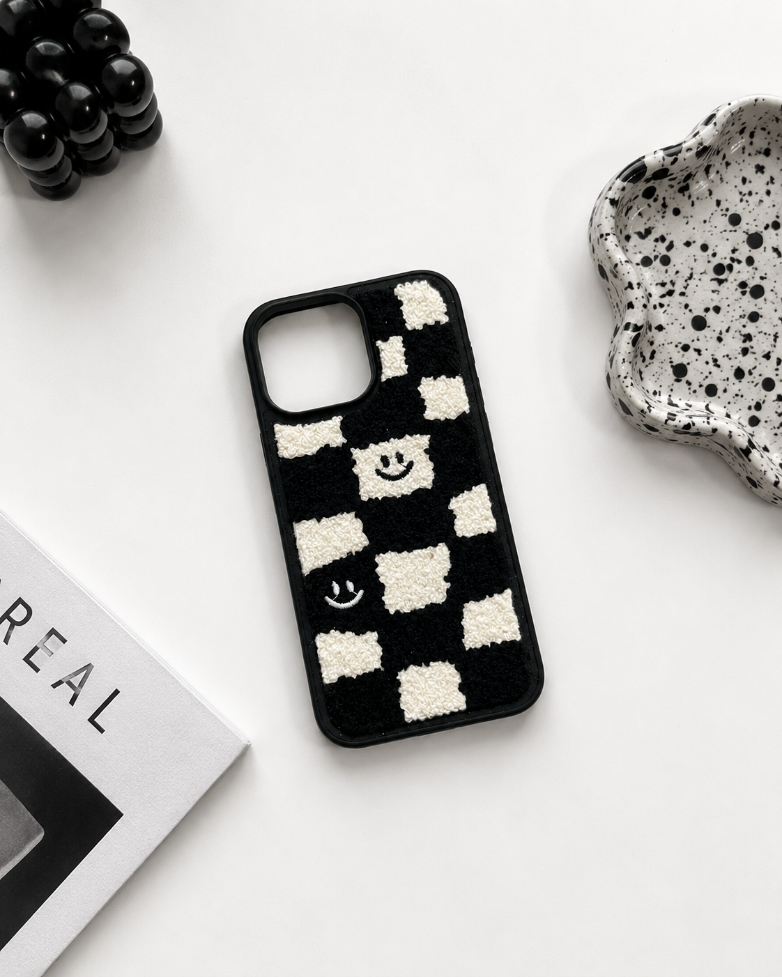 Fuzzy Checkered Smiley Phone Case