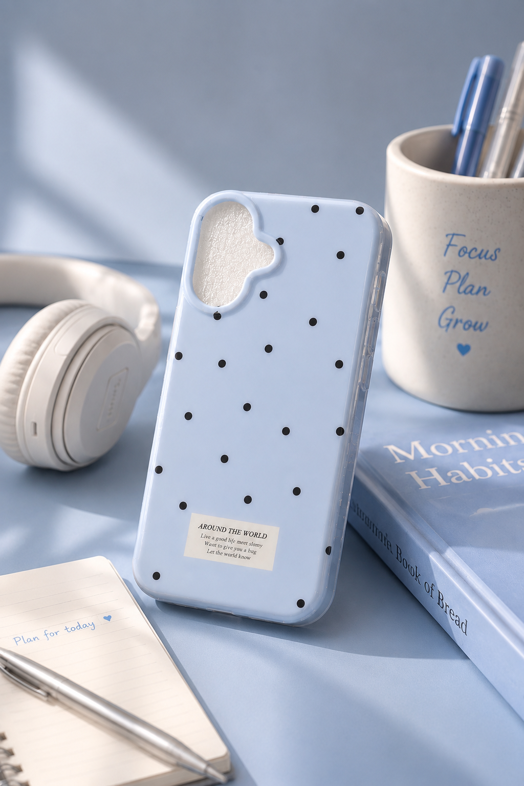Blue iphone 16 case with black polka dots on a light blue surface with accessories like headphones and a notebook.