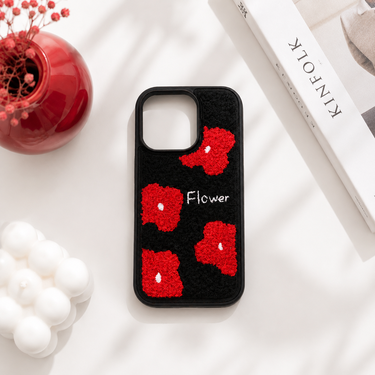 Black Fuzzy Flower Phone Case