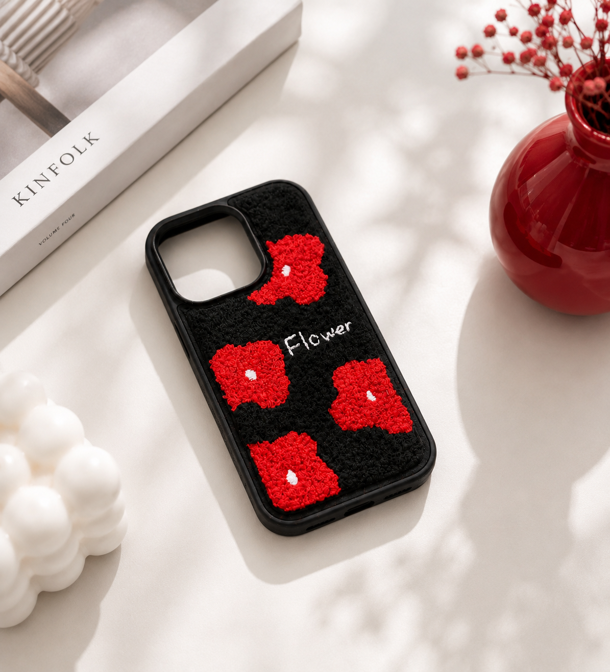 Black Fuzzy Flower Phone Case