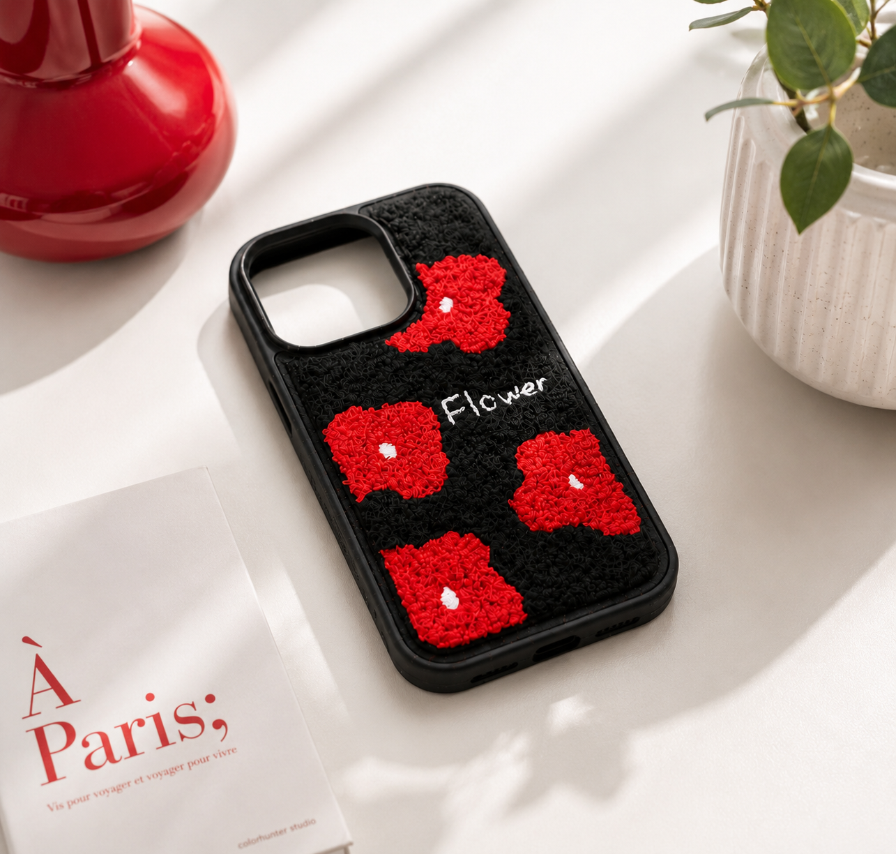Black Fuzzy Flower Phone Case