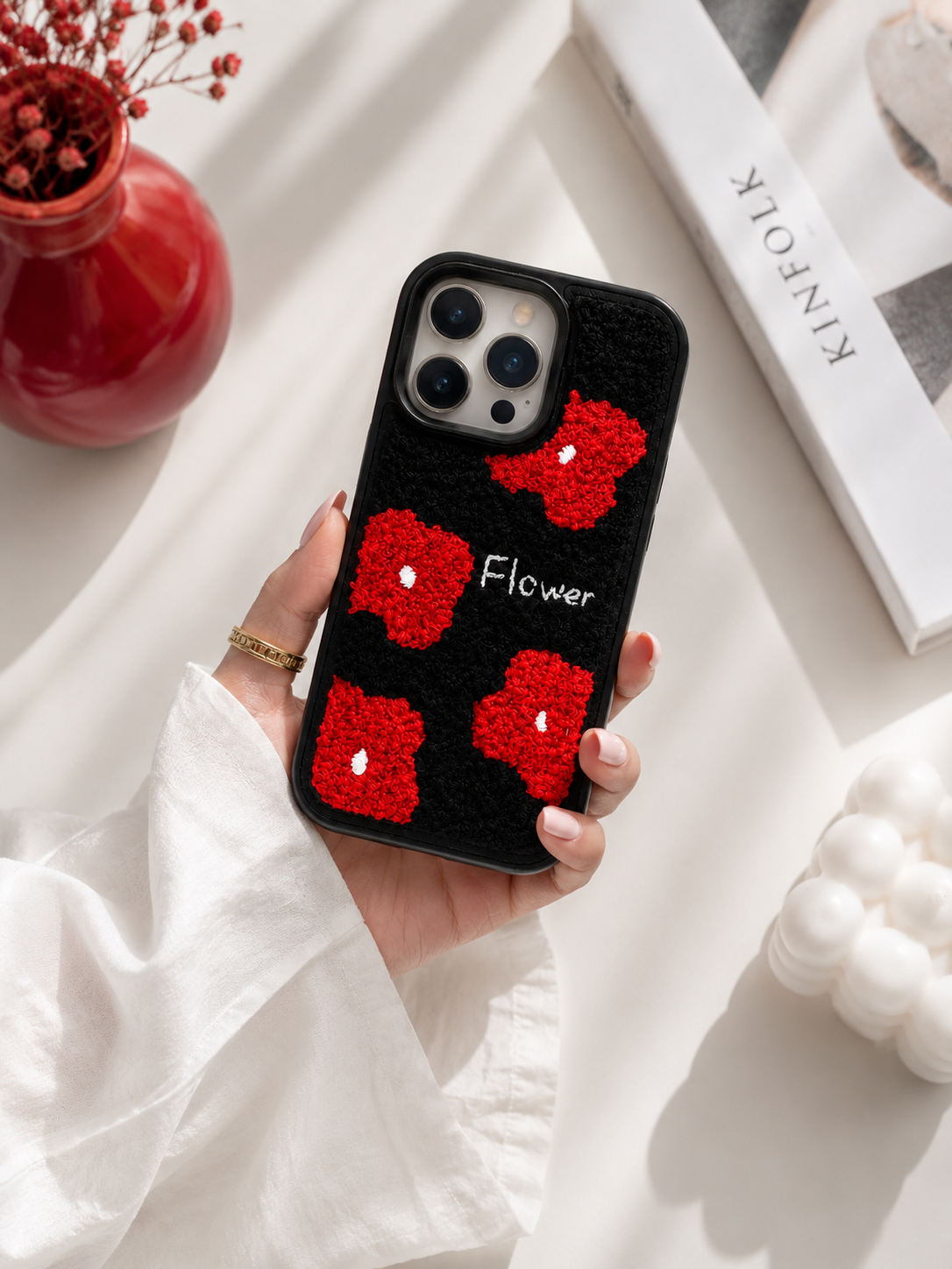 Black Fuzzy Flower Phone Case