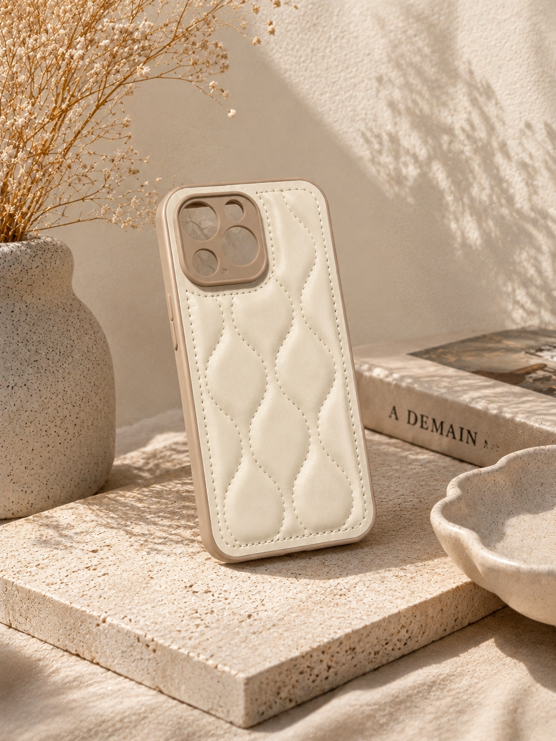 Beige Quilted Leather Phone Case