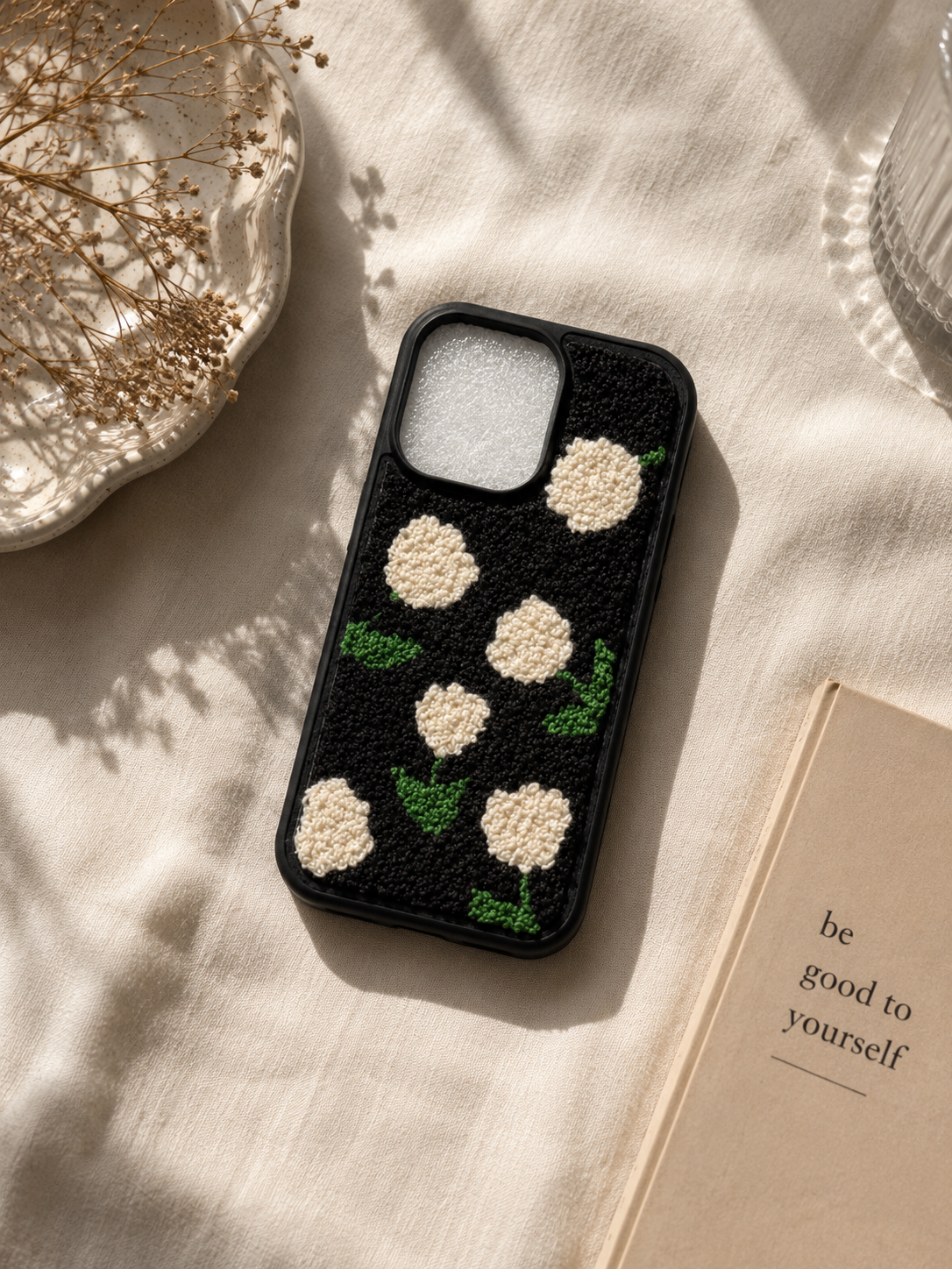 3D Fluffy Floral Embroidered Black Case