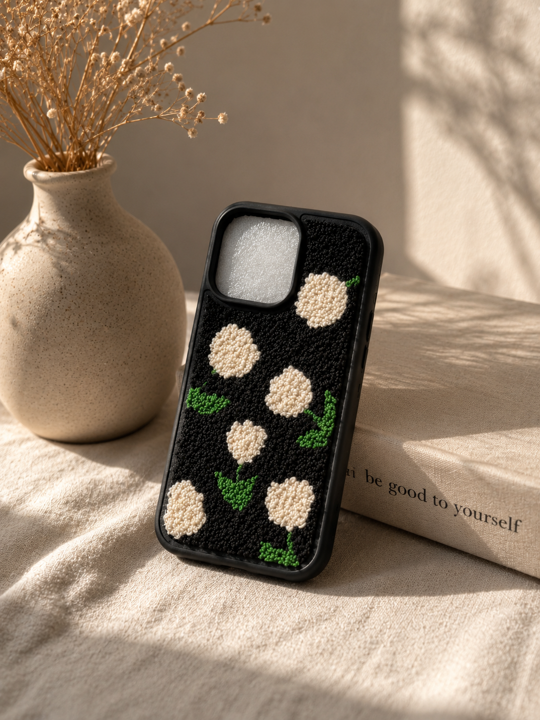 3D Fluffy Floral Embroidered Black Case