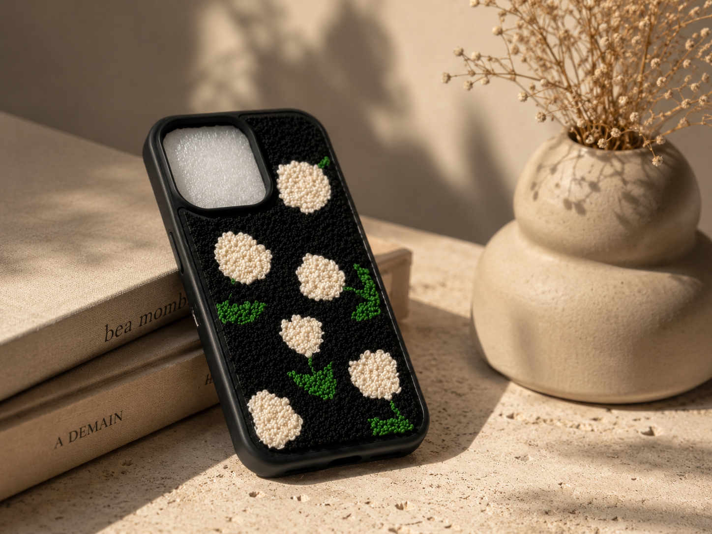 3D Fluffy Floral Embroidered Black Case