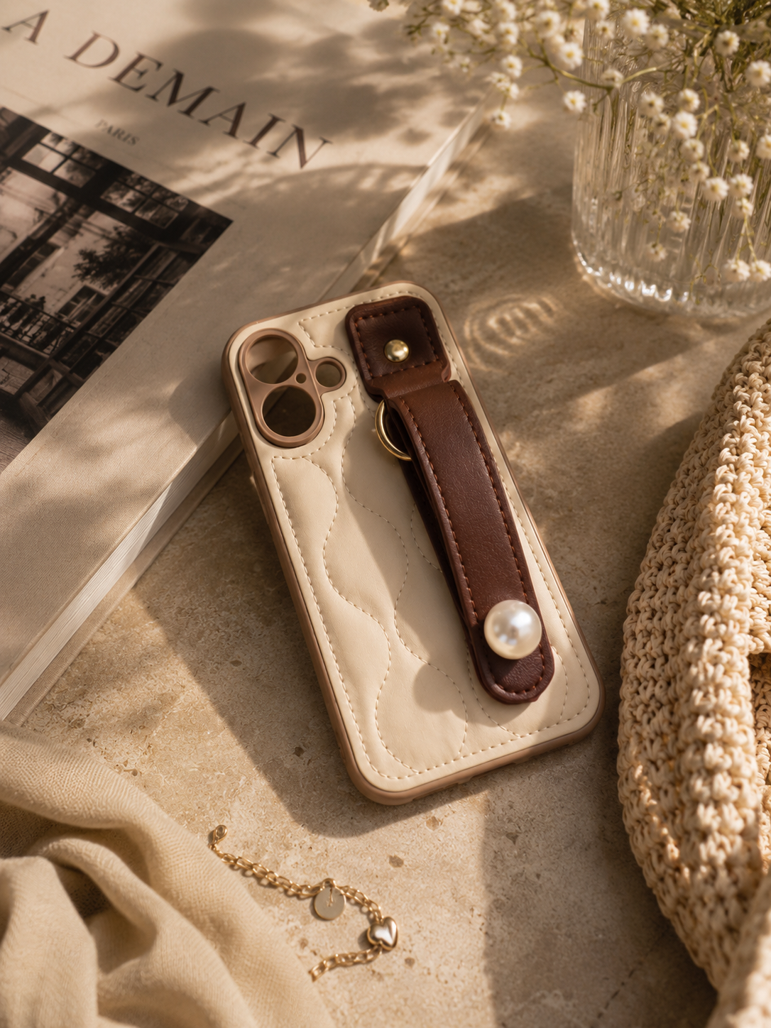 Chic Quilted Case with Pearl Strap