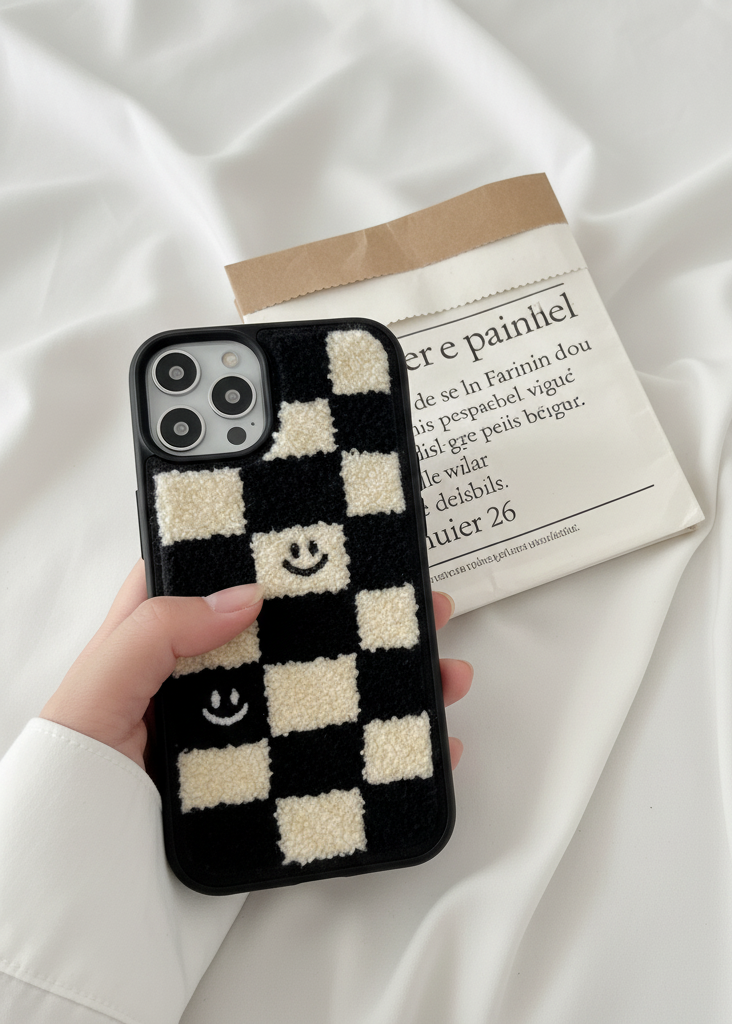 Fuzzy Checkered Smiley Phone Case