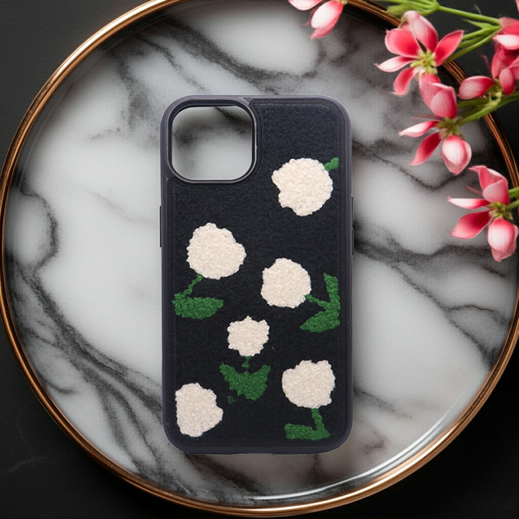 3D Fluffy Floral Embroidered Black Case