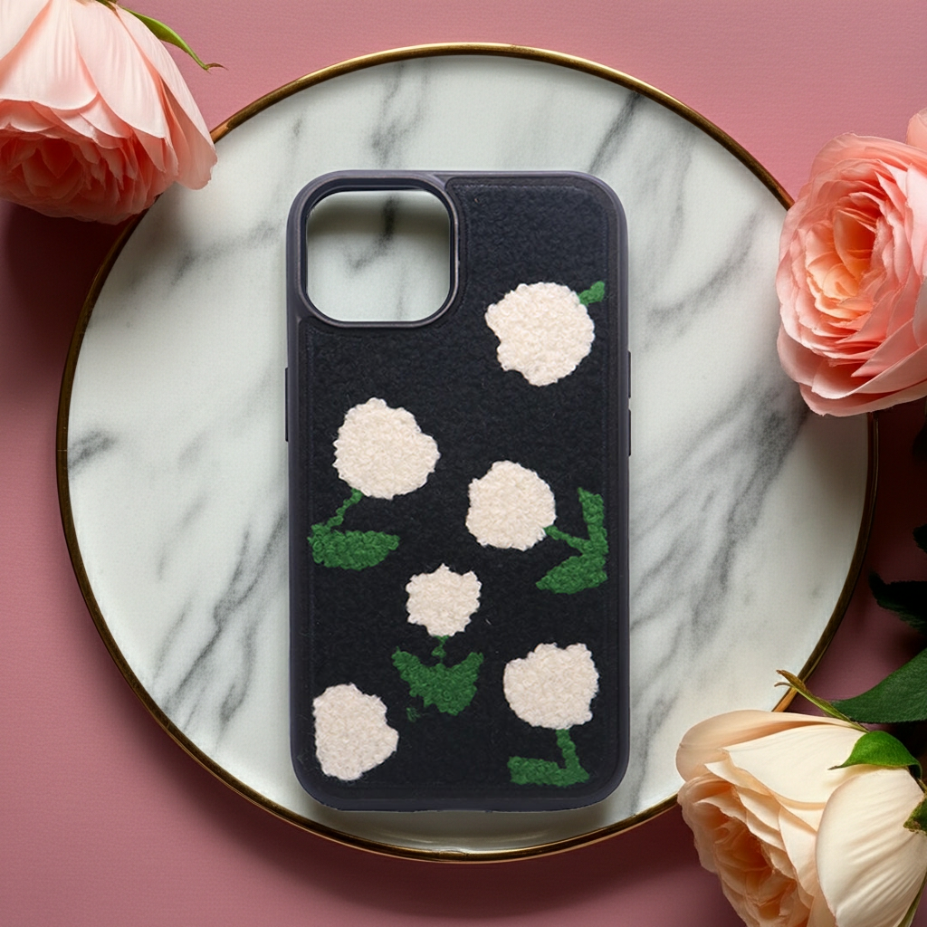 3D Fluffy Floral Embroidered Black Case