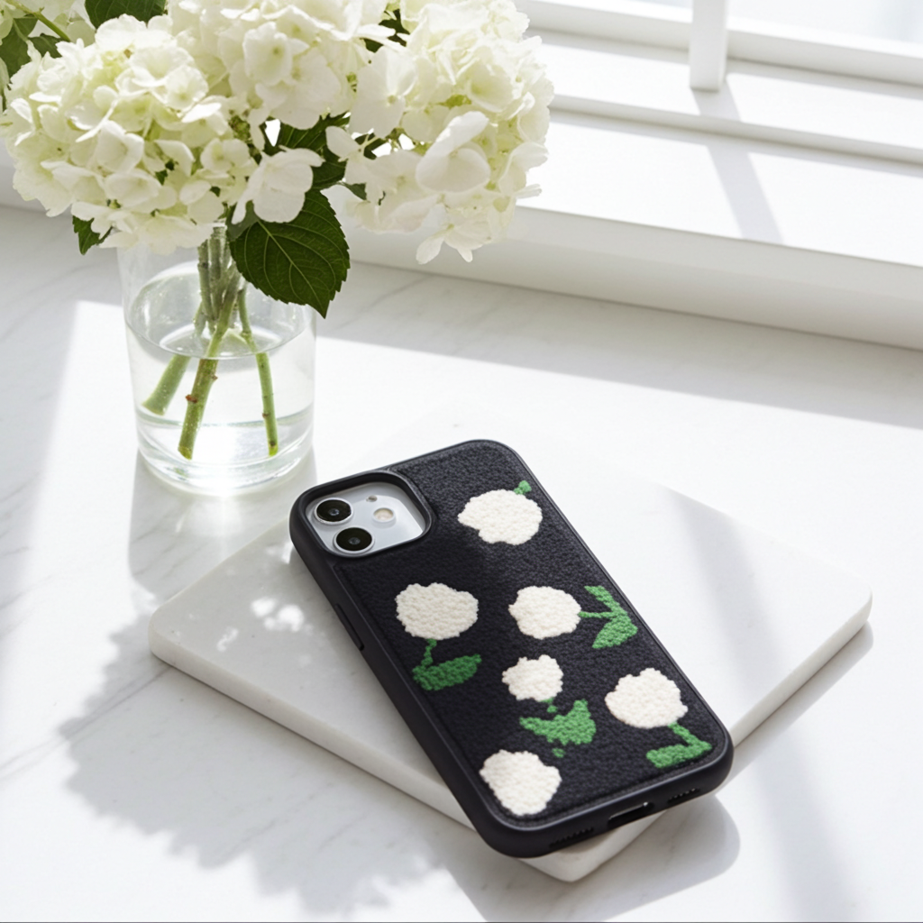 3D Fluffy Floral Embroidered Black Case