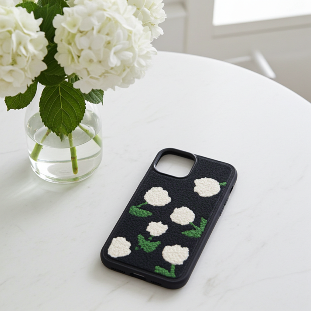 3D Fluffy Floral Embroidered Black Case